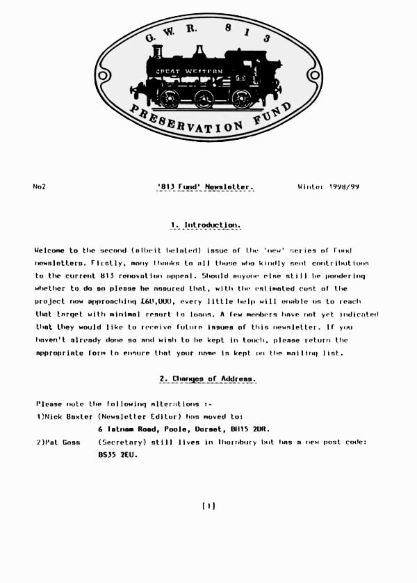GWR 813 Fund Winter 1998 Newsletter.