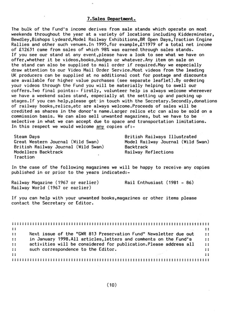 GWR 813 Fund Winter 1998 Newsletter.